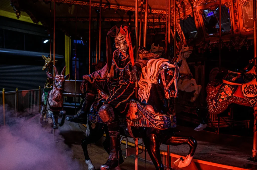 creepy jester at castle dark
