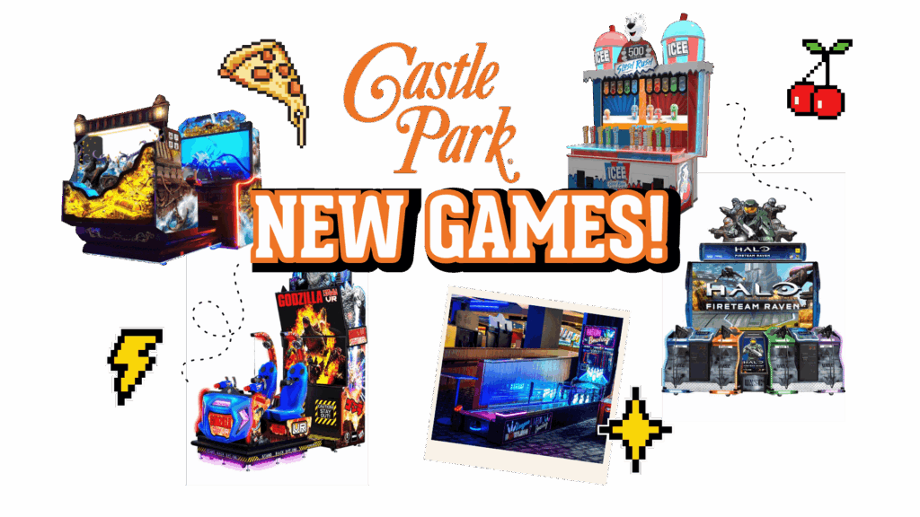collage of arcade games at Castle Park